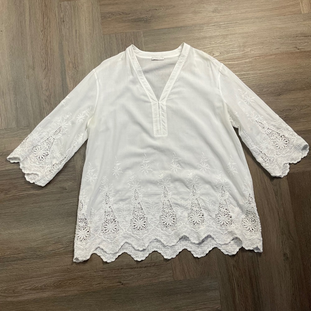 Riani Tunic Blouse Womens 14 White Cotton Eyelet Lace Embroidered Boho Indie